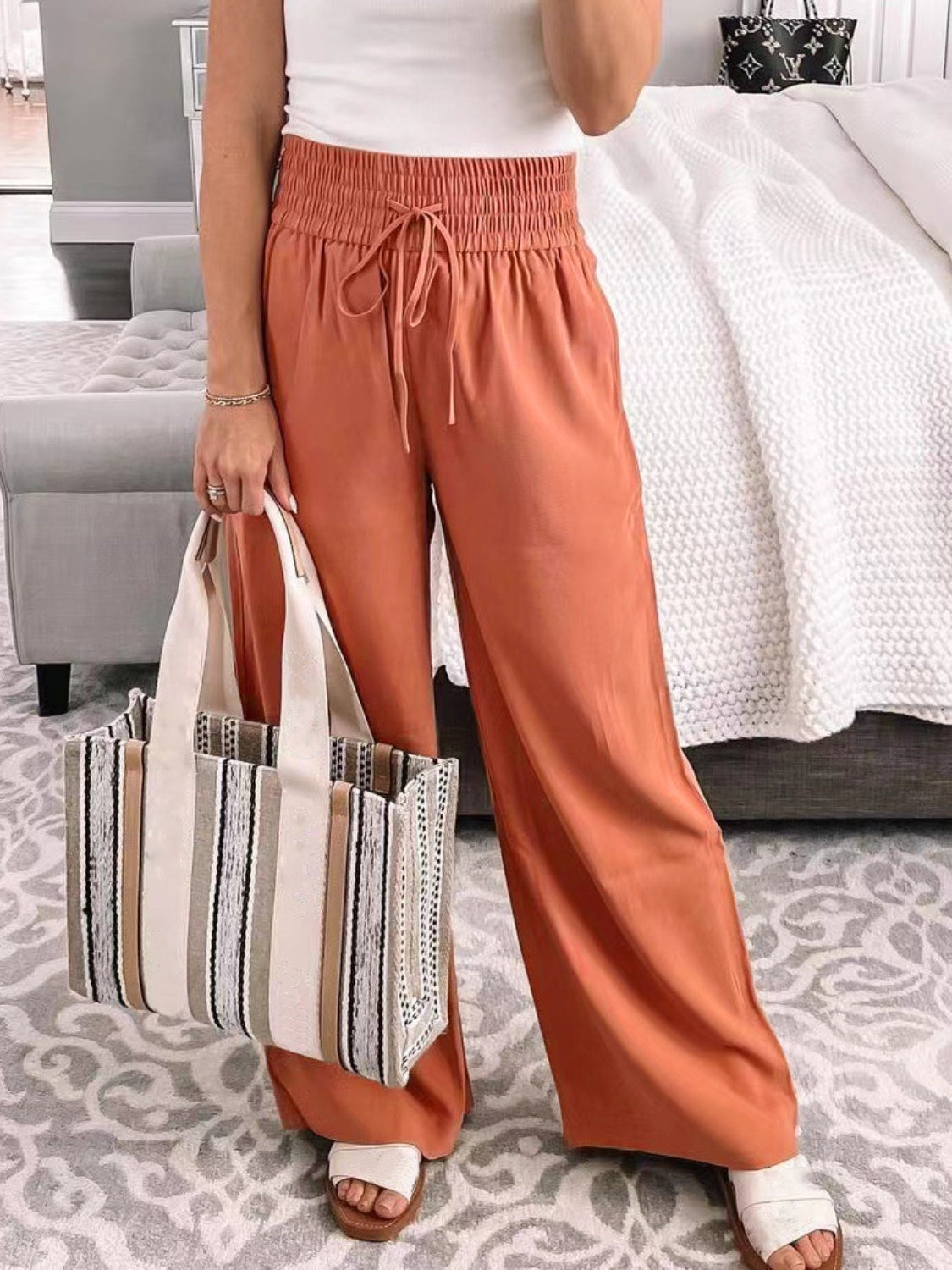 Full Size Drawstring High Waist Wide Leg Pants - ships from supplier in approximately 10 business days