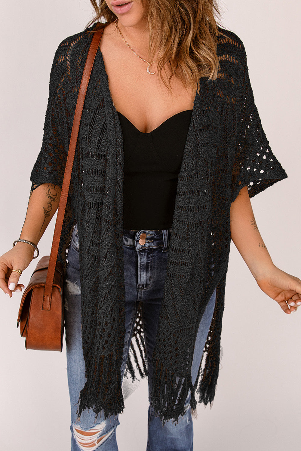 Fringe Hem Slit Open Front Cardigan - ships from supplier in approximately 10 business days