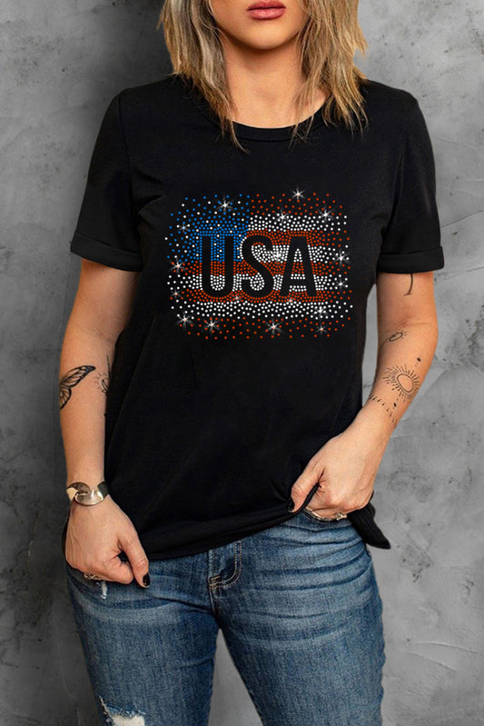 USA Rhinestone Round Neck Short Sleeve T-Shirt - ships from supplier in approximately 10 business days