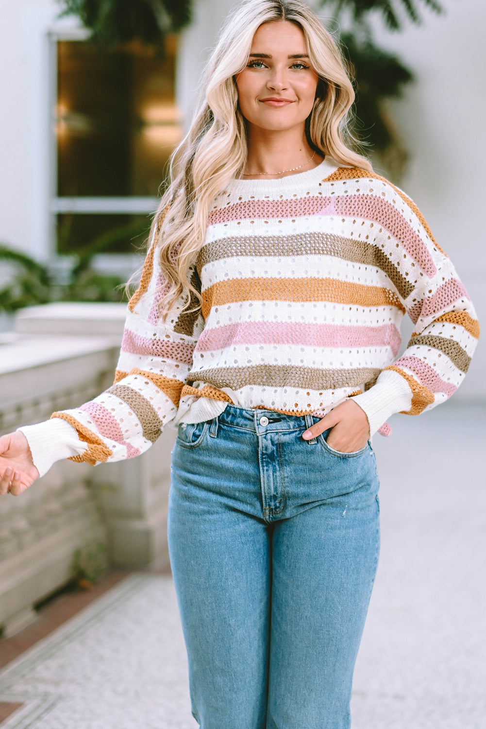 Openwork Striped Round Neck Long Sleeve Knit Top - ships from supplier in approximately 10 business days