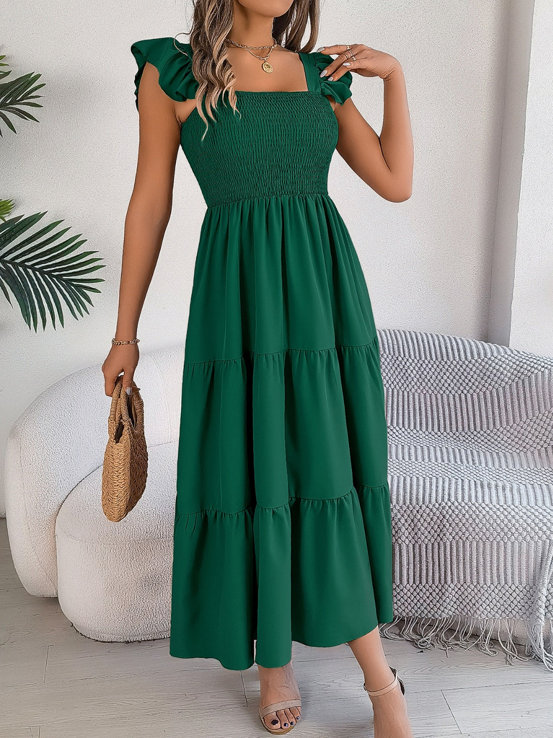 Smocked Square Neck Cap Sleeve Midi Dress - ships from supplier in approximately 10 business days