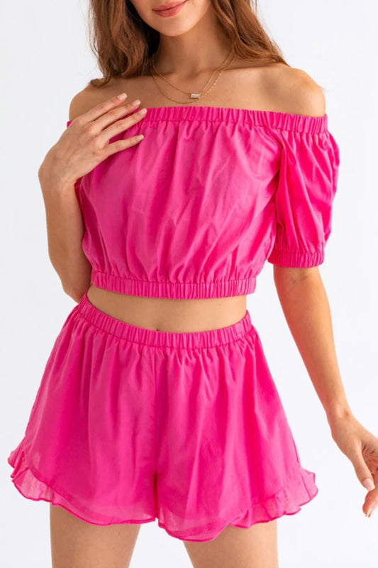 Tasha Apparel Off Shoulder Crop Top and Ruffled Shorts Set - ships from supplier in approximately 10 business days