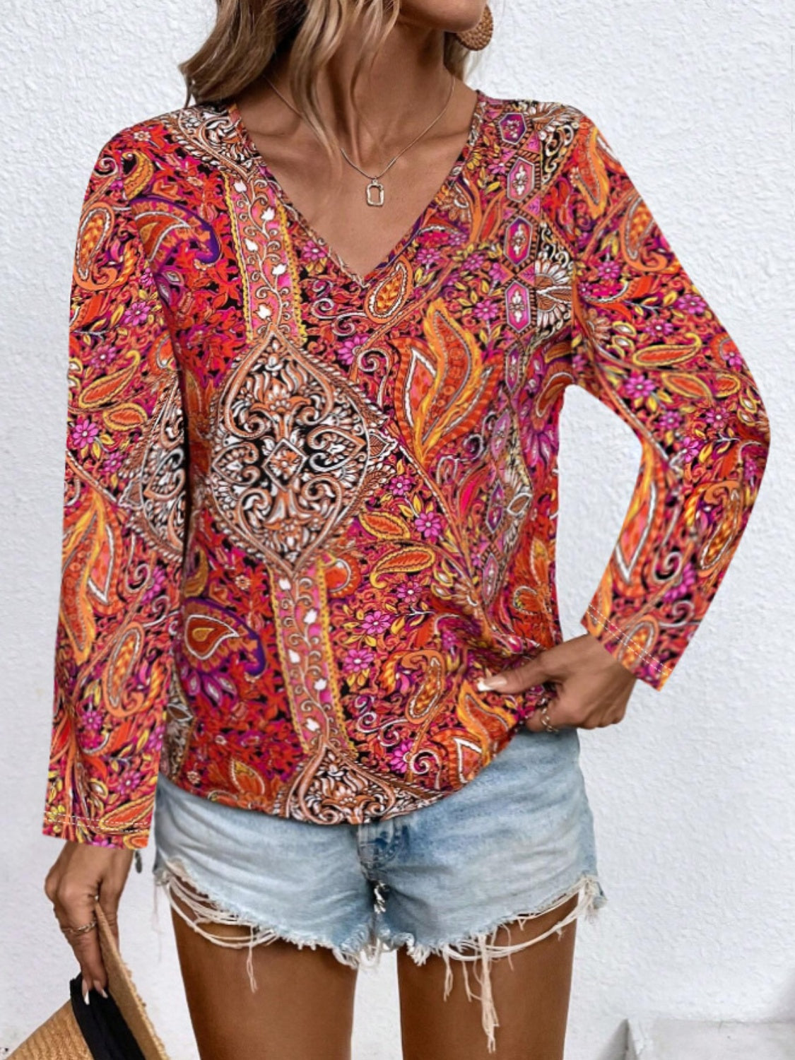 Printed V-Neck Long Sleeve Blouse - ships from supplier in approximately 10 business days