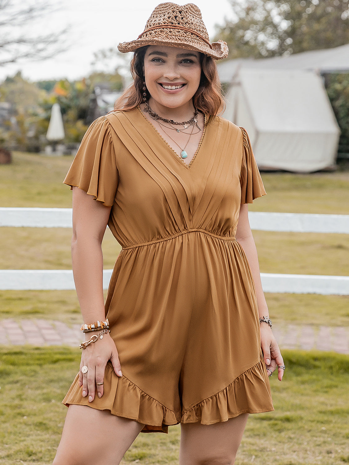 Plus Size Ruffled V-Neck Short Sleeve Romper - ships from supplier in approximately 10 business days