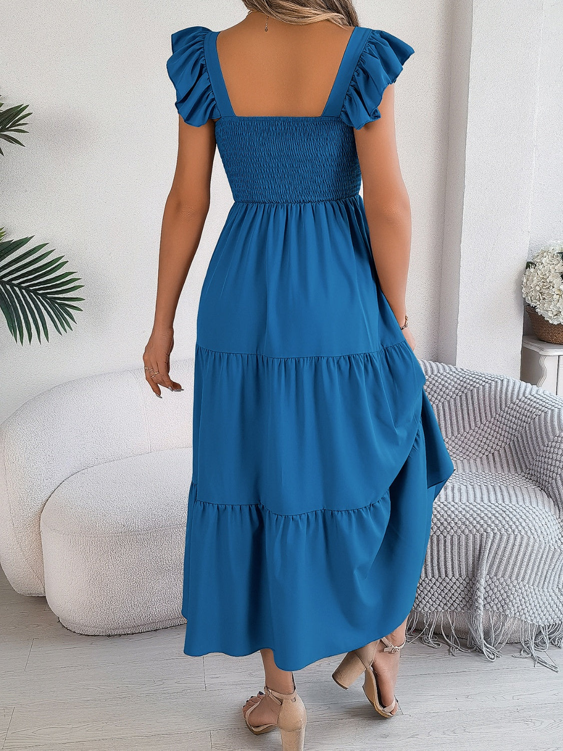 Smocked Square Neck Cap Sleeve Midi Dress - ships from supplier in approximately 10 business days