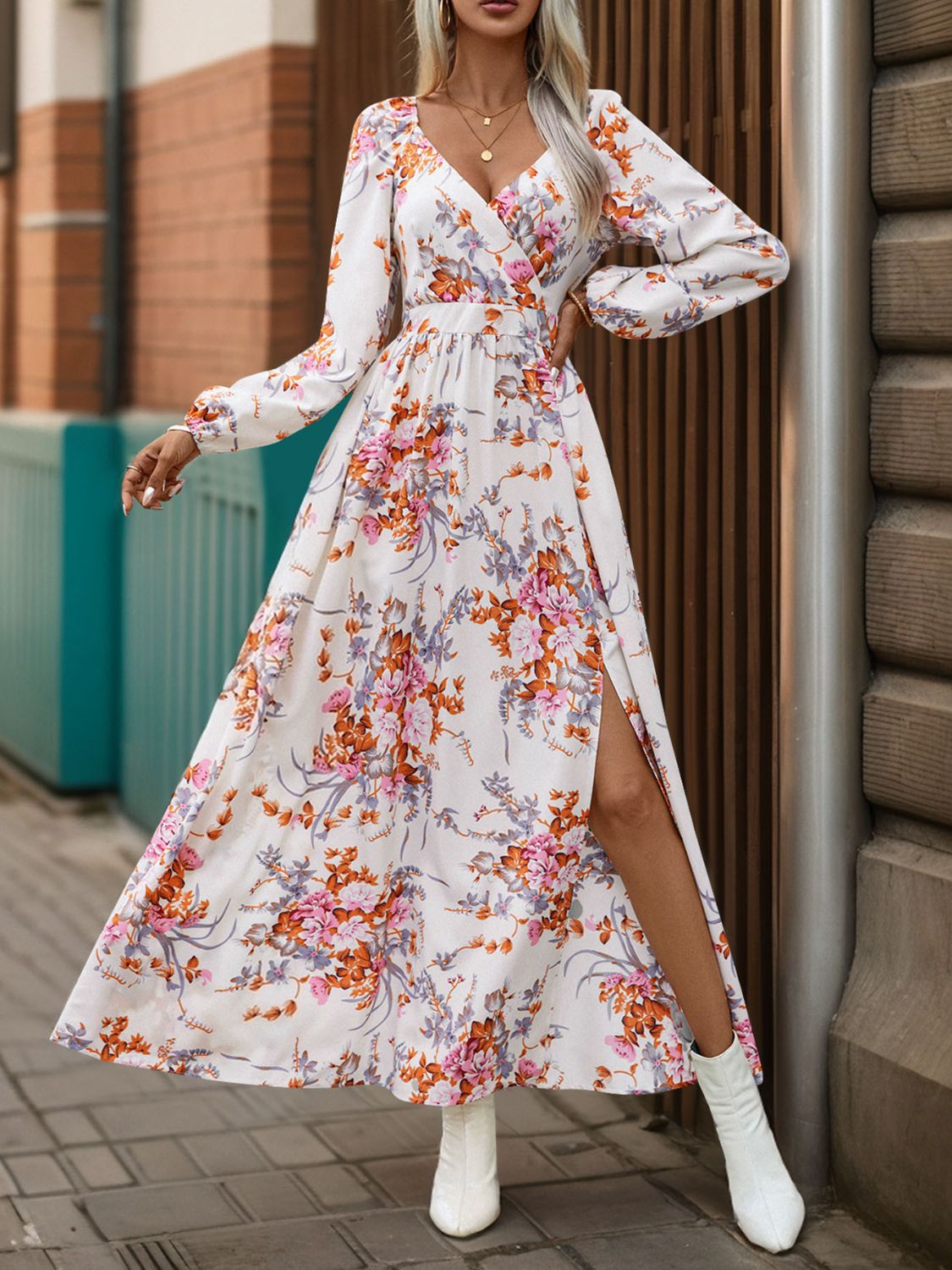 Slit Printed Surplice Long Sleeve Maxi Dress - ships from supplier in approximately 10 business days