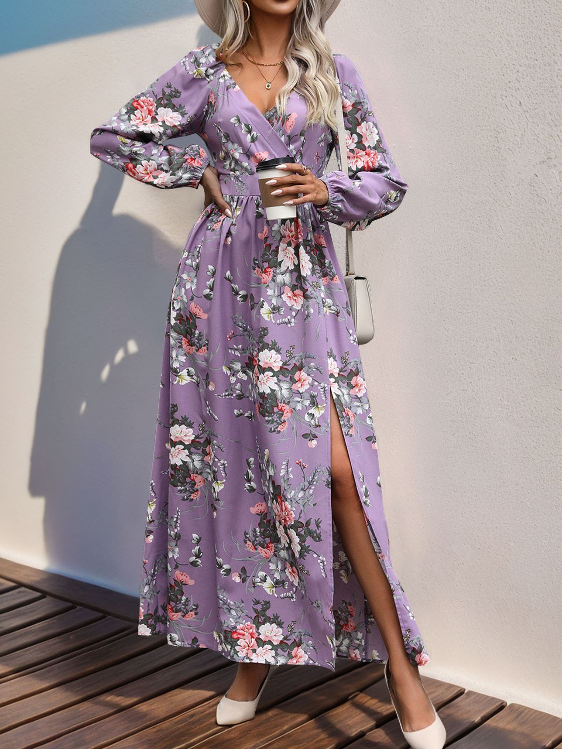 Slit Printed Surplice Long Sleeve Maxi Dress - ships from supplier in approximately 10 business days