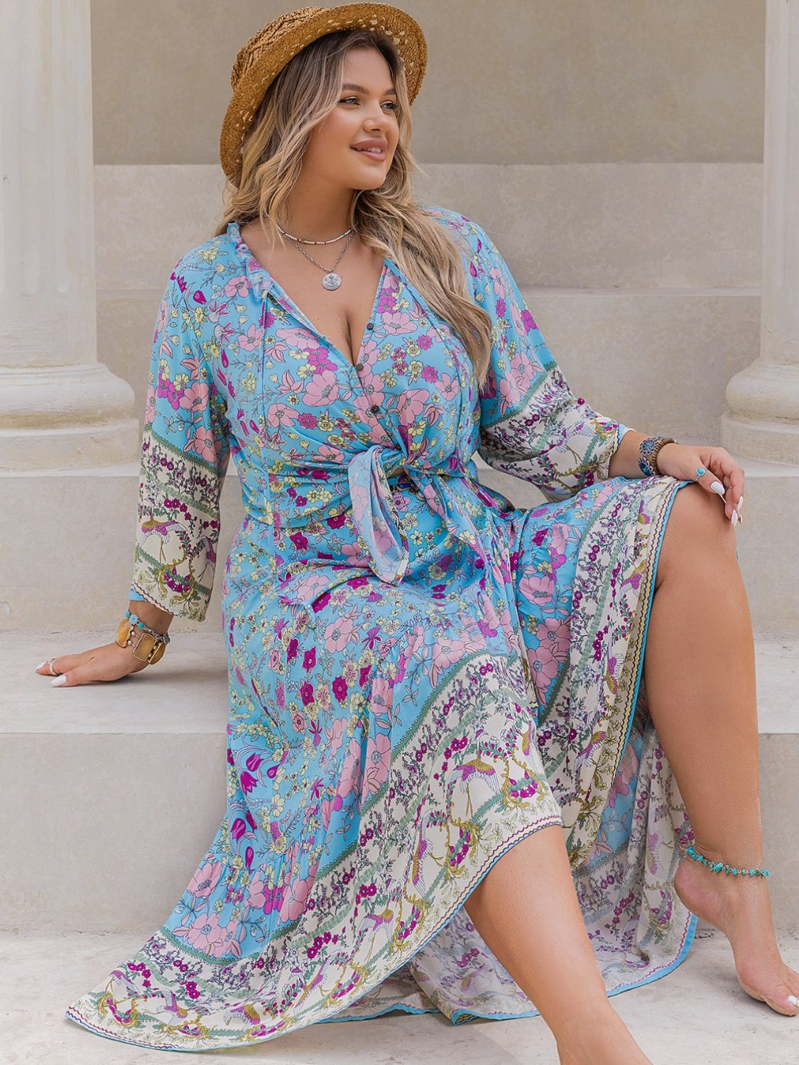 Plus Size Printed Tie Neck Top and Skirt Set - ships from supplier in approximately 10 business days