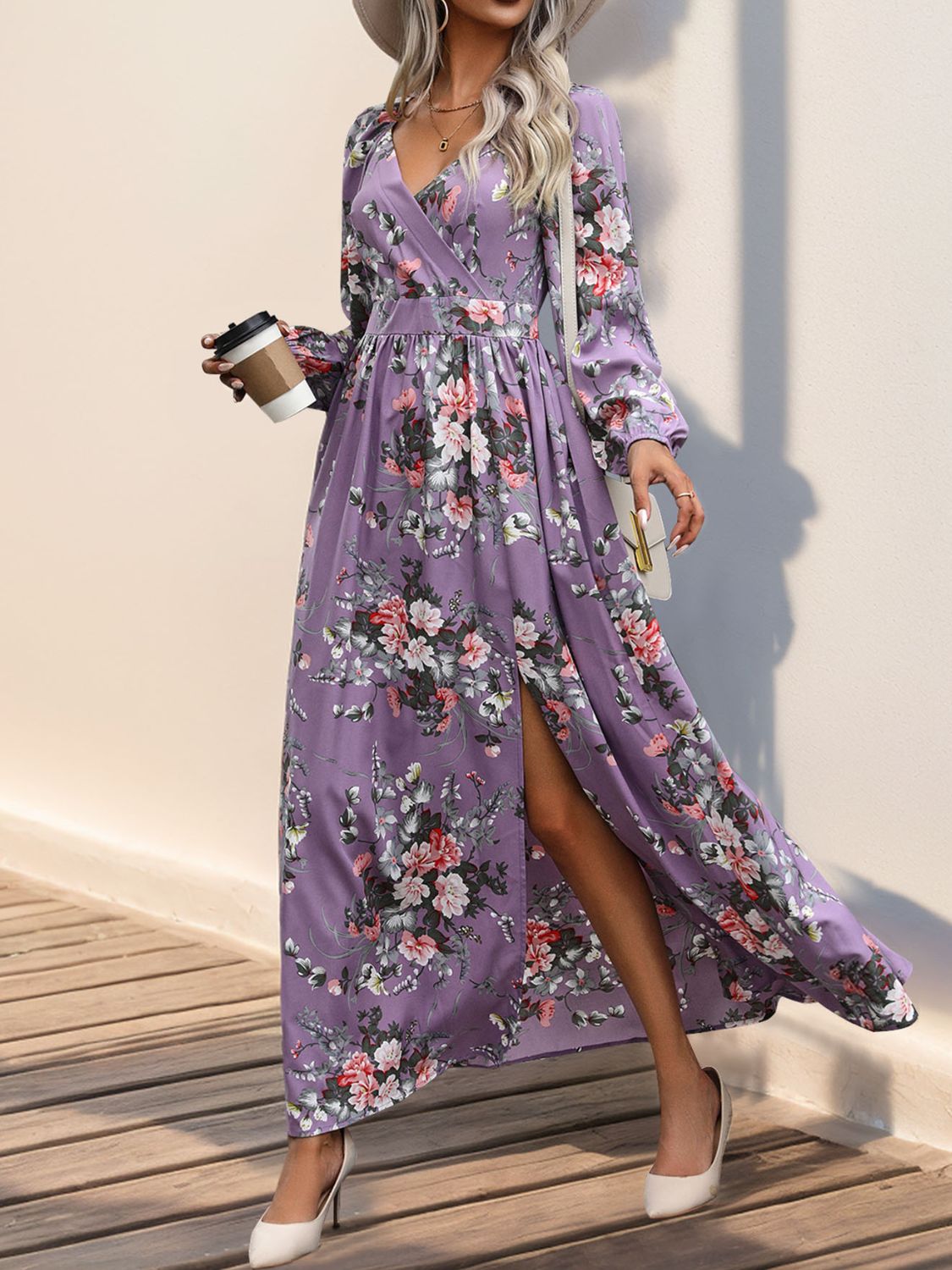 Slit Printed Surplice Long Sleeve Maxi Dress - ships from supplier in approximately 10 business days