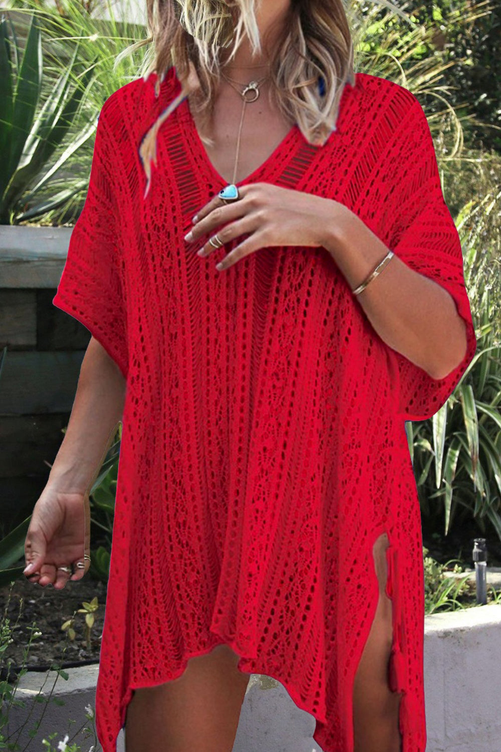 Cutout V-Neck Cover-Up with Tassel - ships from supplier in approximately 10 business days