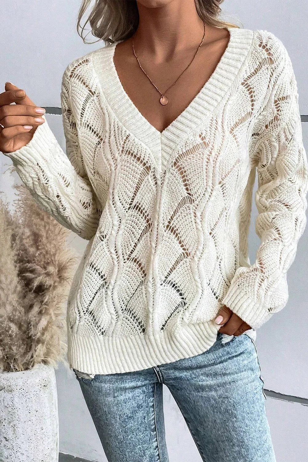 Openwork V-Neck Long Sleeve Sweater - ships from supplier in approximately 10 business days