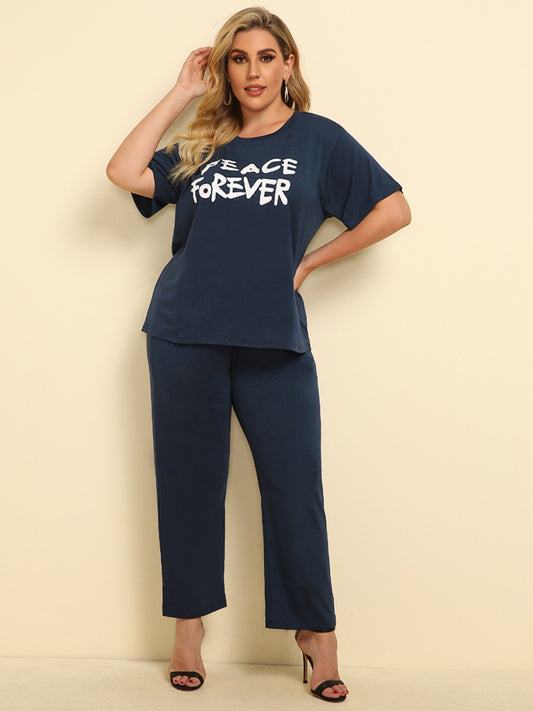 Plus Size PEACE FOREVER Short Sleeve Top and Pants Set - ships from supplier in approximately 10 business days