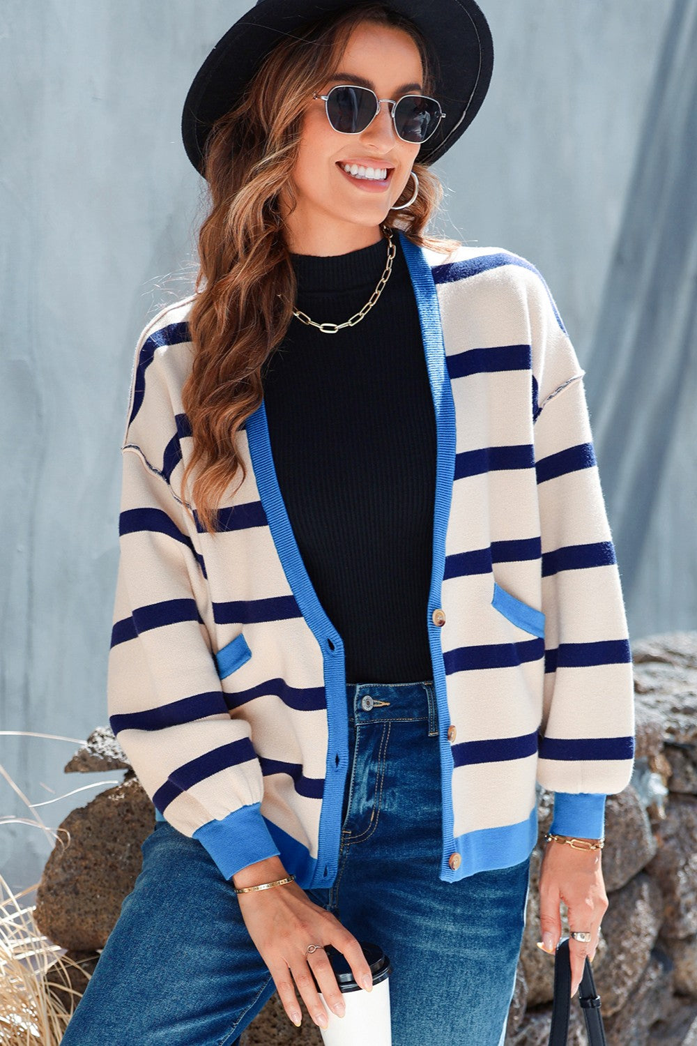 Striped Button Up Long Sleeve Cardigan - ships from supplier in approximately 10 business days