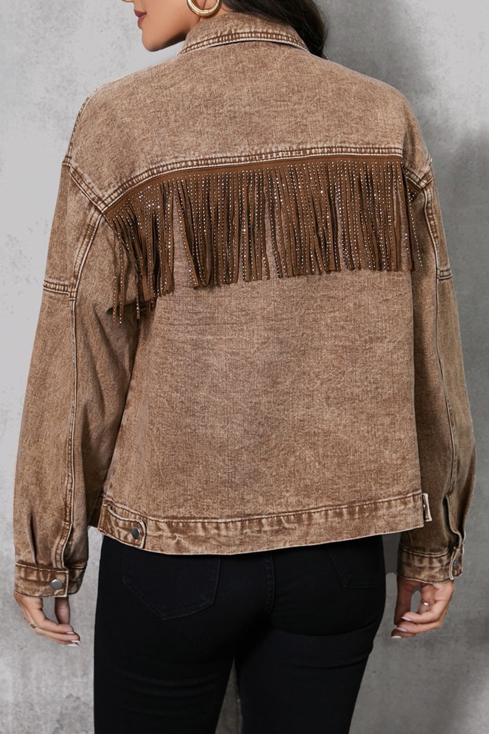 Fringe Trim Snap Down Denim Jacket - ships from supplier in approximately 10 business days