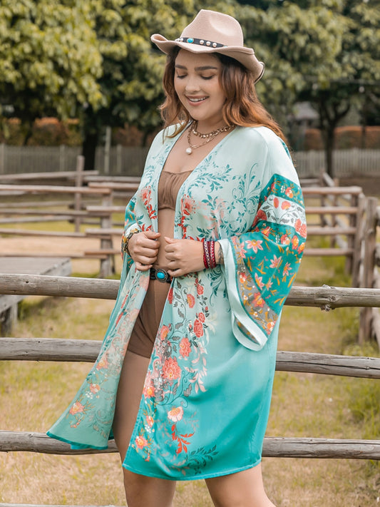 Plus Size Printed Open Front Long Sleeve Cover Up - ships from supplier in approximately 10 business days