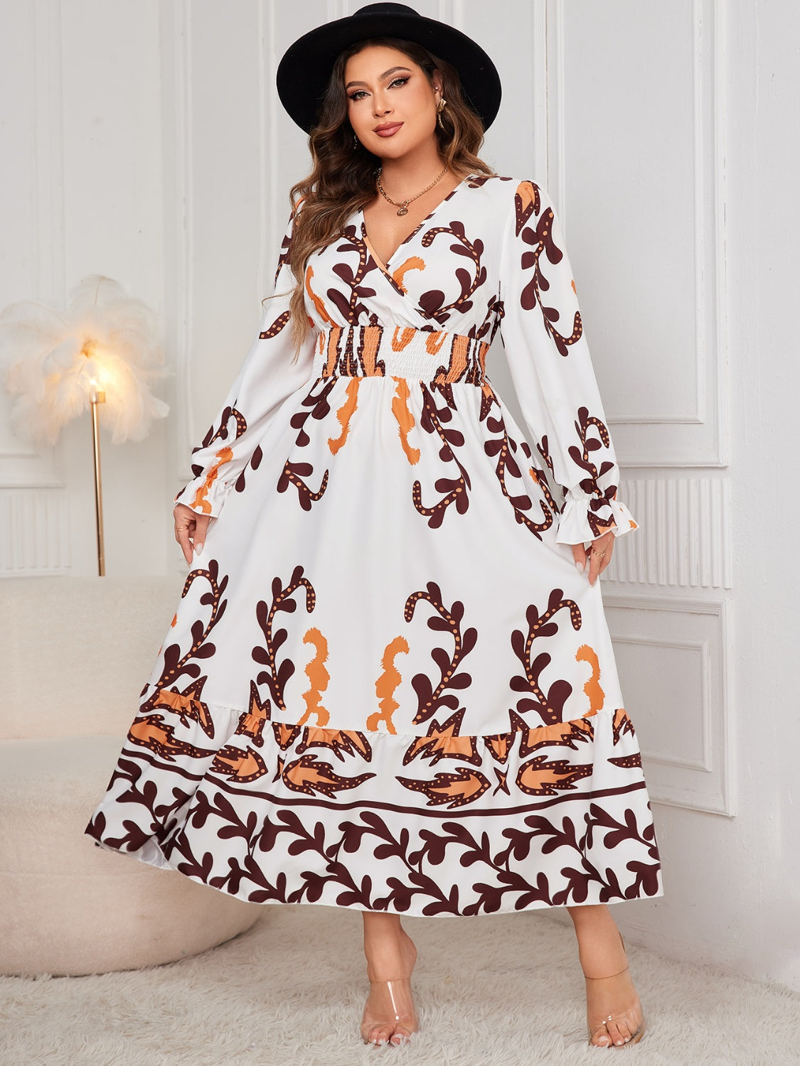 Plus Size Printed Surplice Flounce Sleeve Dress - ships from supplier in approximately 10 business days