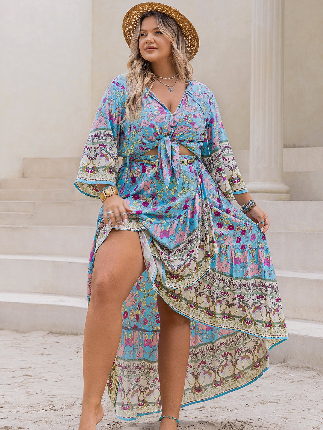 Plus Size Printed Tie Neck Top and Skirt Set - ships from supplier in approximately 10 business days