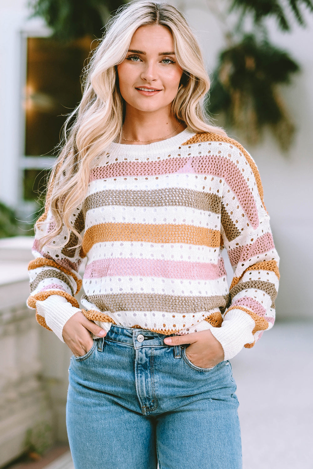 Openwork Striped Round Neck Long Sleeve Knit Top - ships from supplier in approximately 10 business days