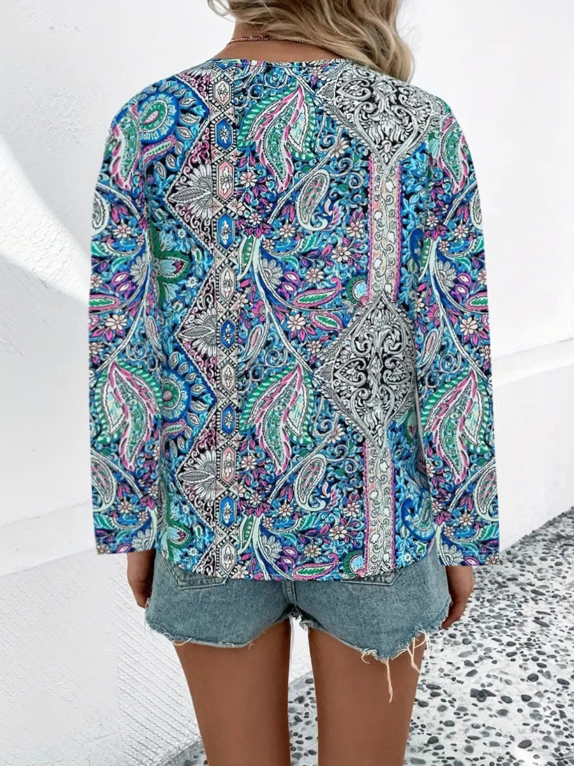 Printed V-Neck Long Sleeve Blouse - ships from supplier in approximately 10 business days