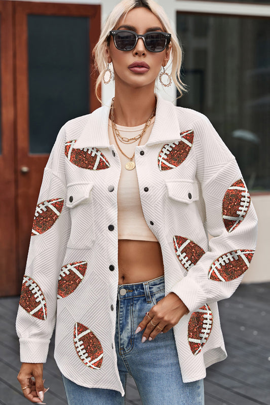 Sequin Football Patch Collared Neck Snap Button Jacket - ships from supplier in 5-10 business days