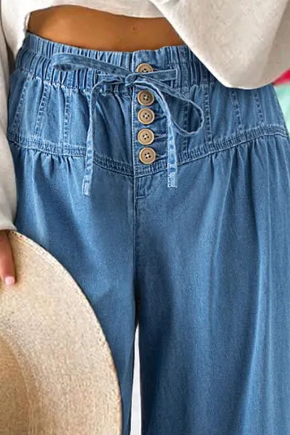 Drawstring Elastic Waist Wide Leg Jeans - ships from supplier in approximately 10 business days