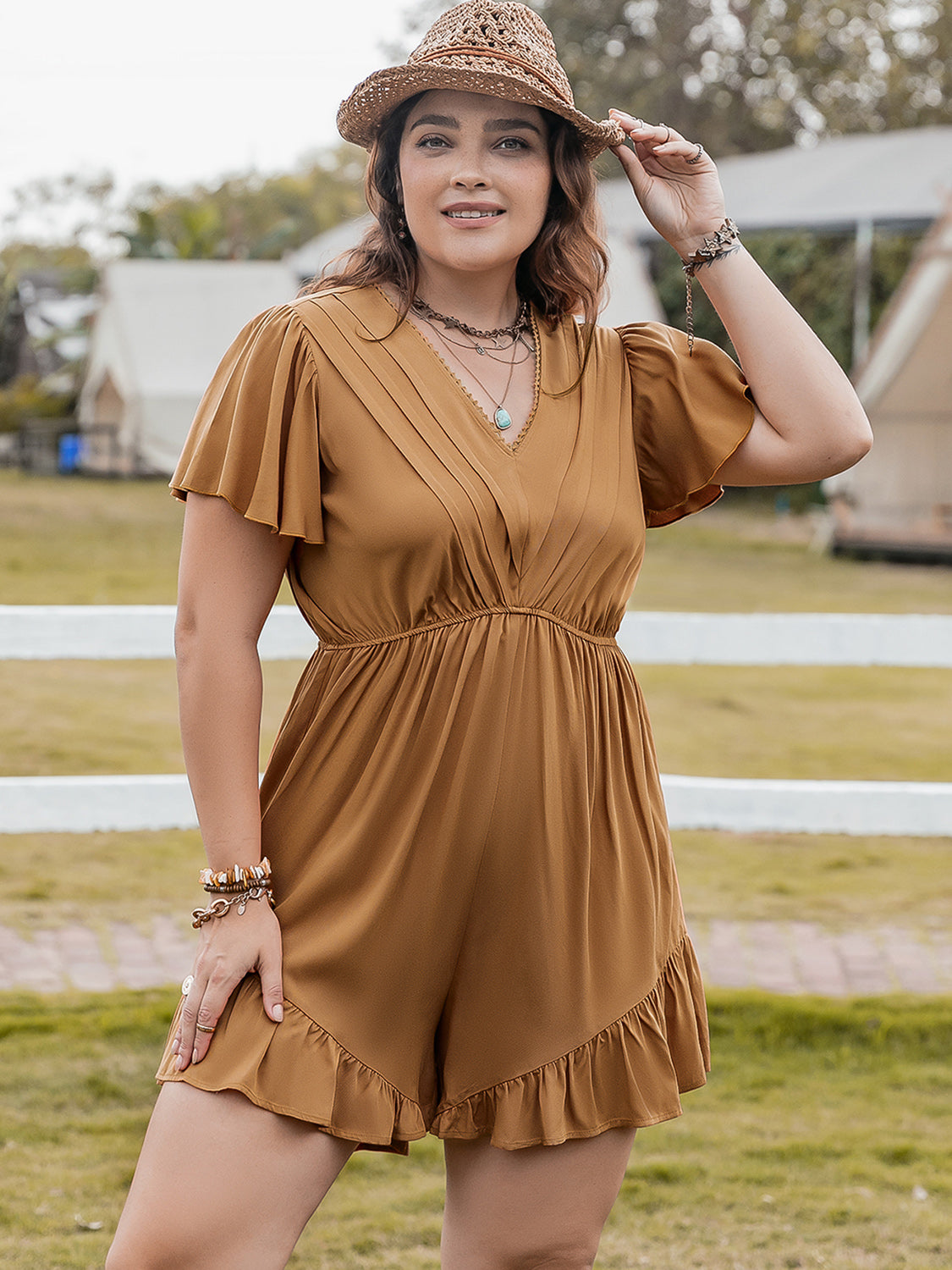 Plus Size Ruffled V-Neck Short Sleeve Romper - ships from supplier in approximately 10 business days