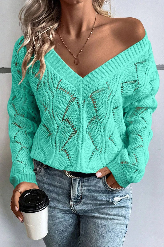 Openwork V-Neck Long Sleeve Sweater - ships from supplier in approximately 10 business days