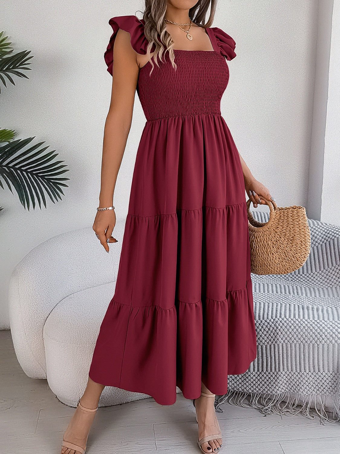 Smocked Square Neck Cap Sleeve Midi Dress - ships from supplier in approximately 10 business days