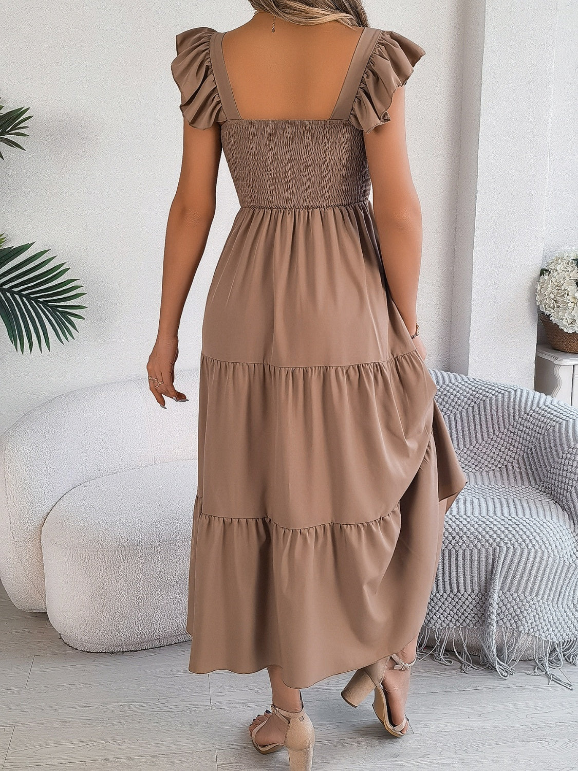 Smocked Square Neck Cap Sleeve Midi Dress - ships from supplier in approximately 10 business days