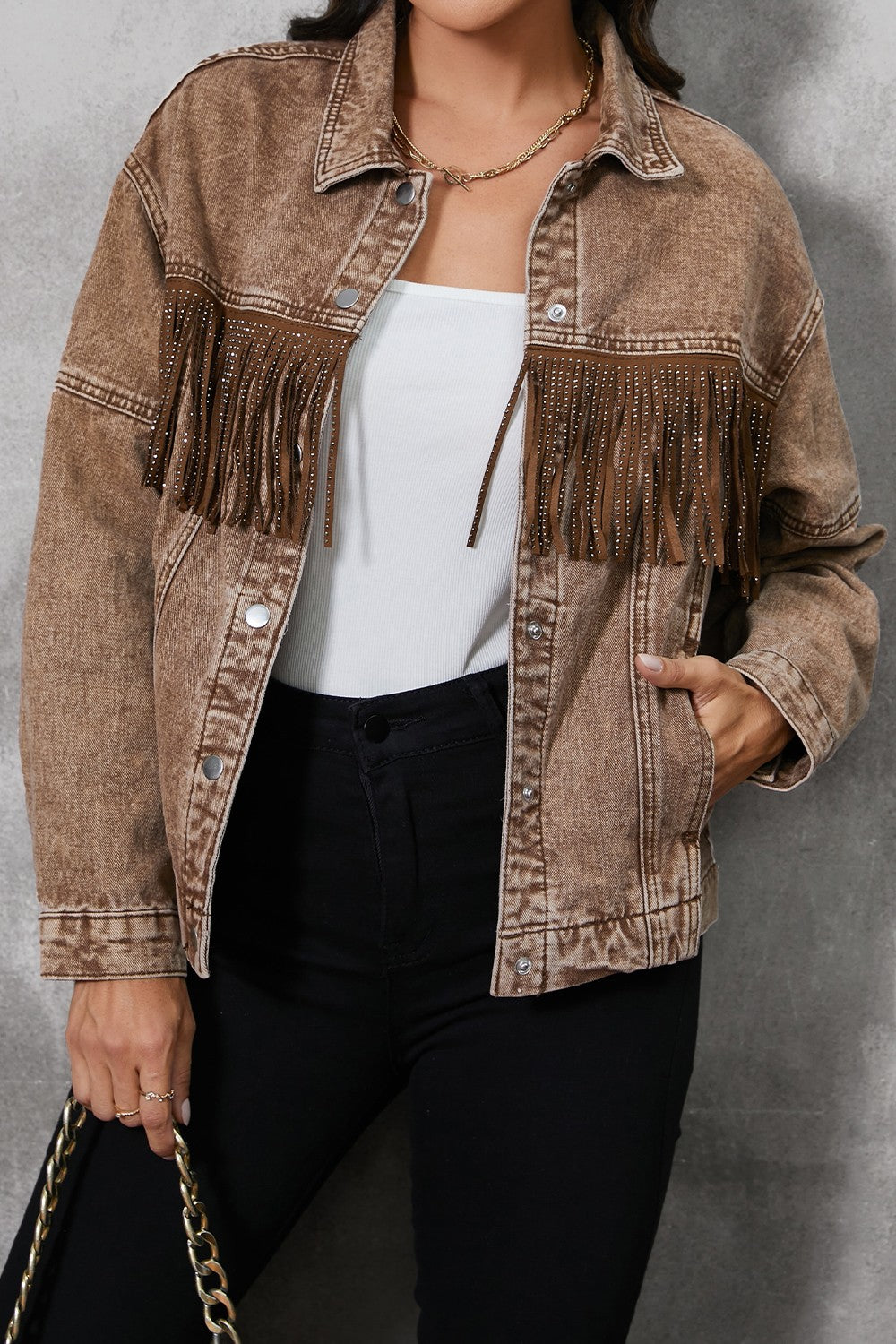 Fringe Trim Snap Down Denim Jacket - ships from supplier in approximately 10 business days