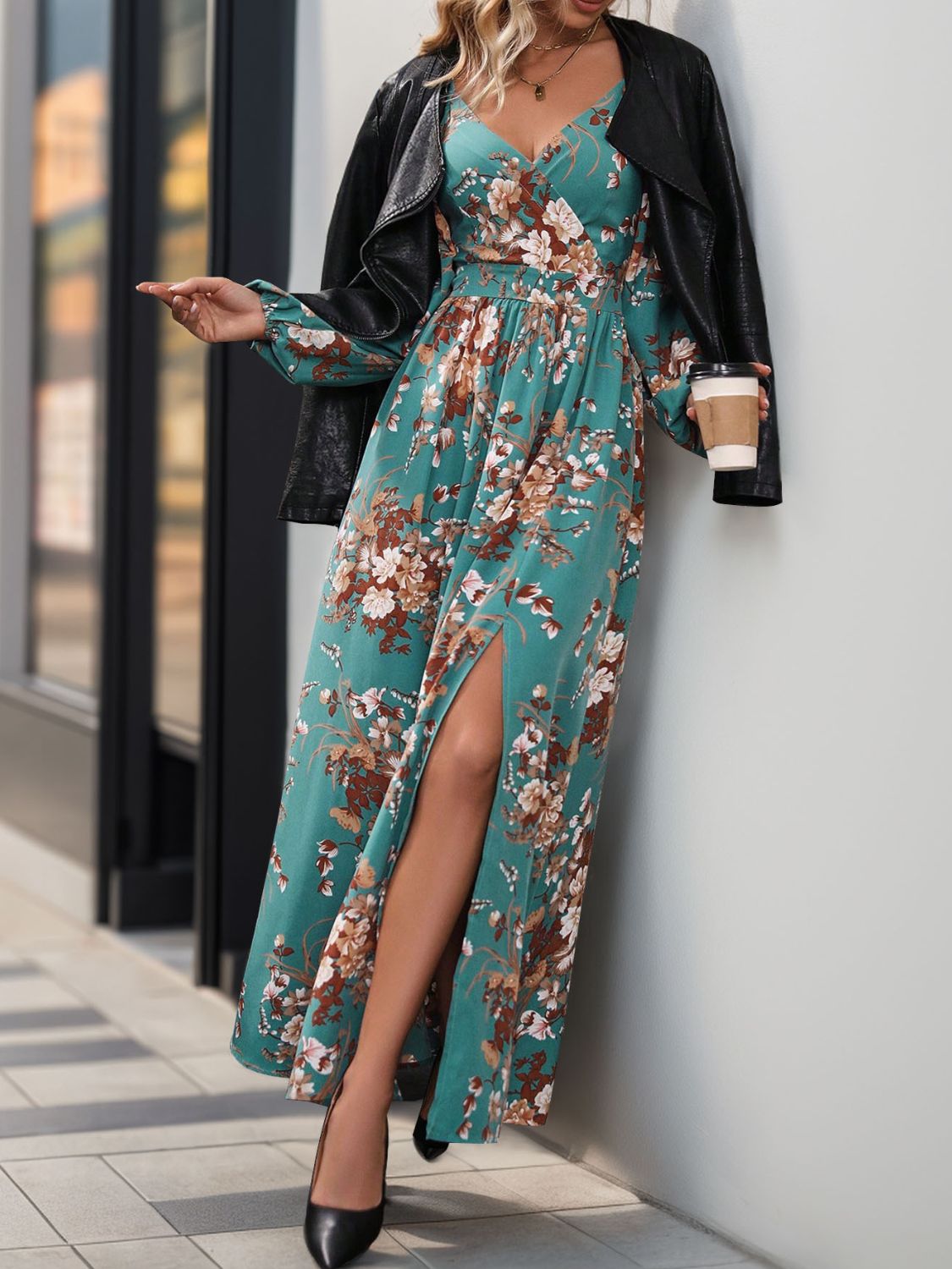 Slit Printed Surplice Long Sleeve Maxi Dress - ships from supplier in approximately 10 business days