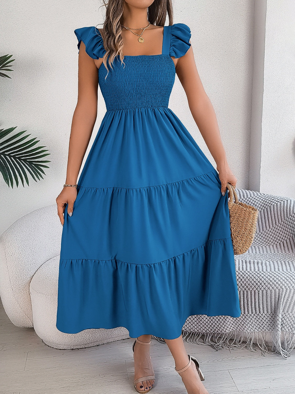 Smocked Square Neck Cap Sleeve Midi Dress - ships from supplier in approximately 10 business days