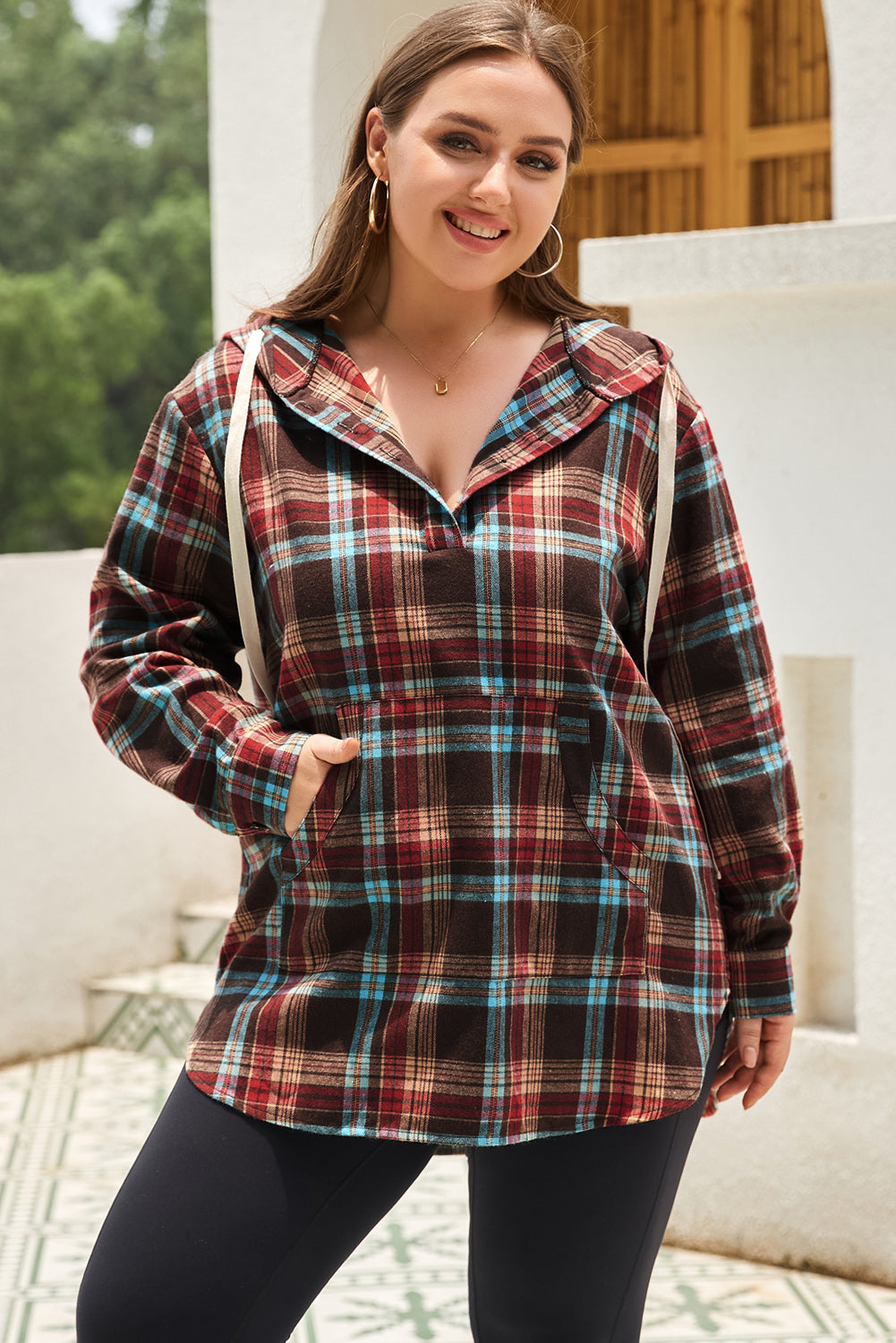 Plus Size Drawstring Plaid Quarter Button Hoodie - ships from supplier in approximately 10 business days