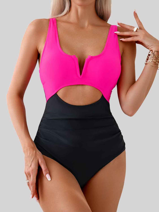 Tied Cutout Contrast One-Piece Swimwear - ships from supplier in approximately 10 business days