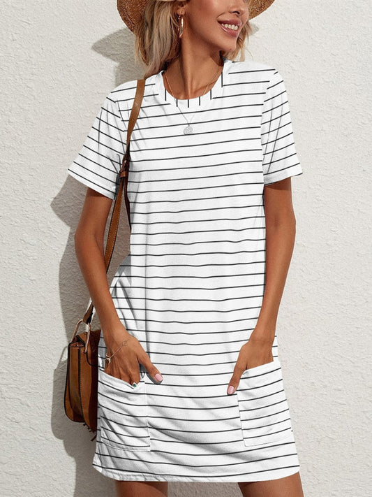 Pocketed Striped Round Neck Short Sleeve Dress - ships from supplier in approximately 10 business days