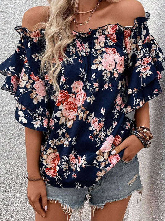 Printed Off-Shoulder Flounce Sleeve Blouse - ships from supplier in approximately 10 business days.